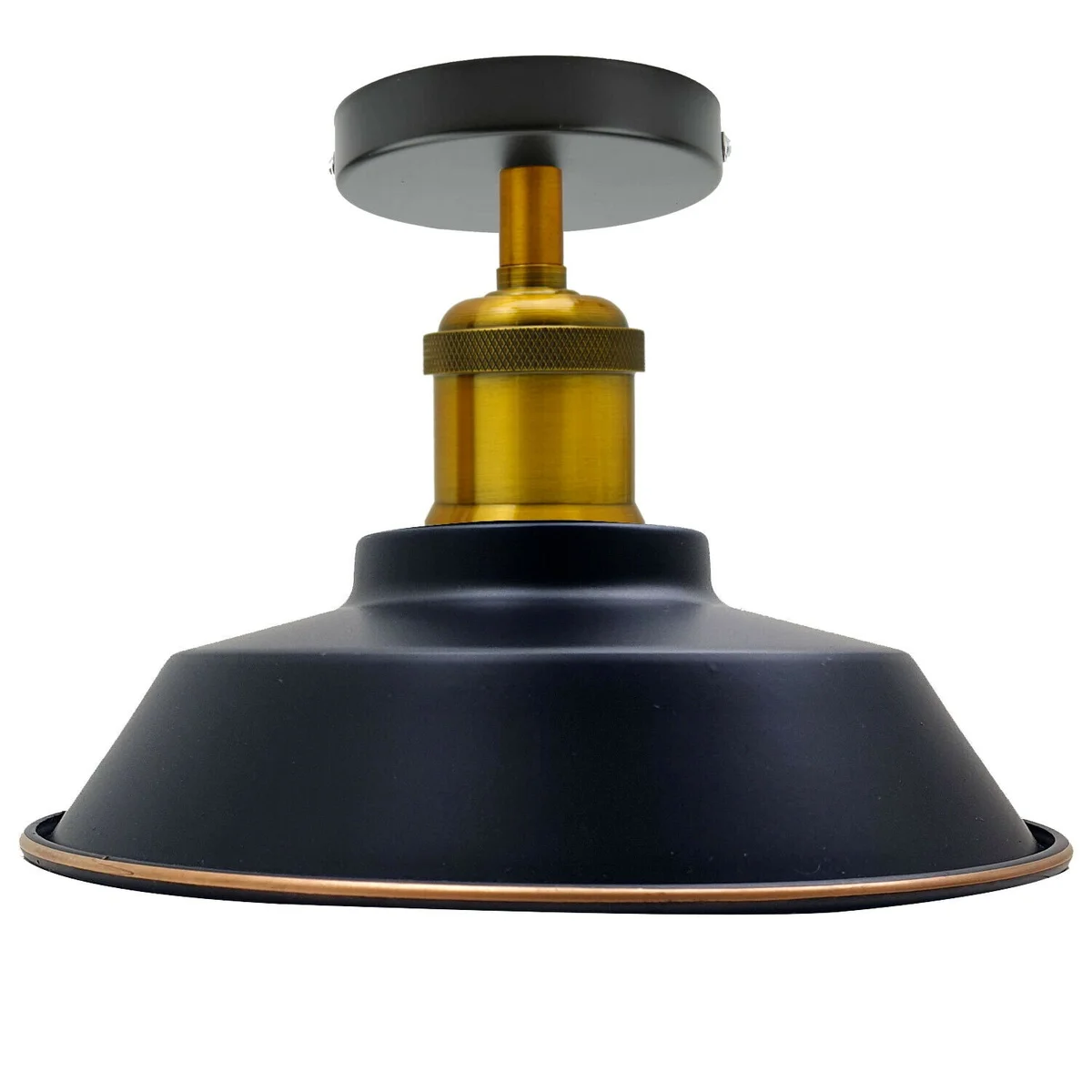 Black gold line semi flush ceiling light with round clear metal shade and vintage industrial design, no bulb included