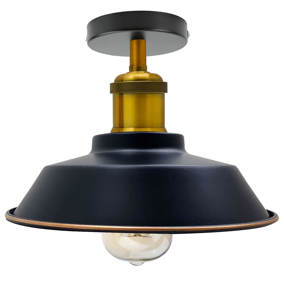 Vintage ceiling light with black gold line metal shade and yellow brass holder in industrial semi-flush mount design