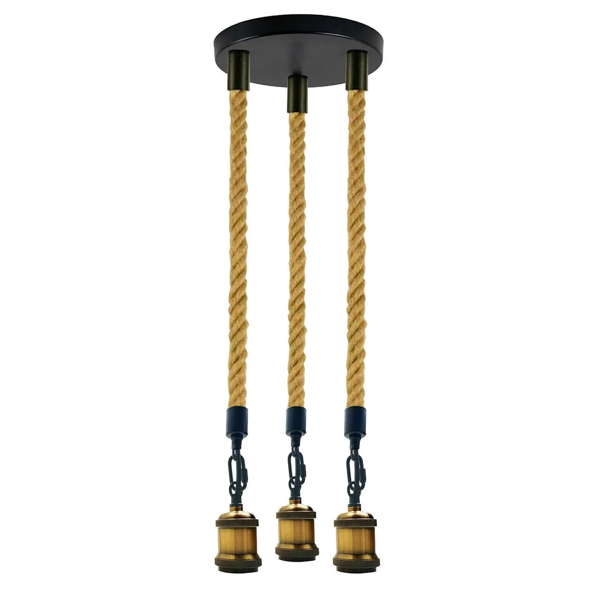 Three-head vintage industrial ceiling light with natural hemp rope and metal fixtures hanging against white background