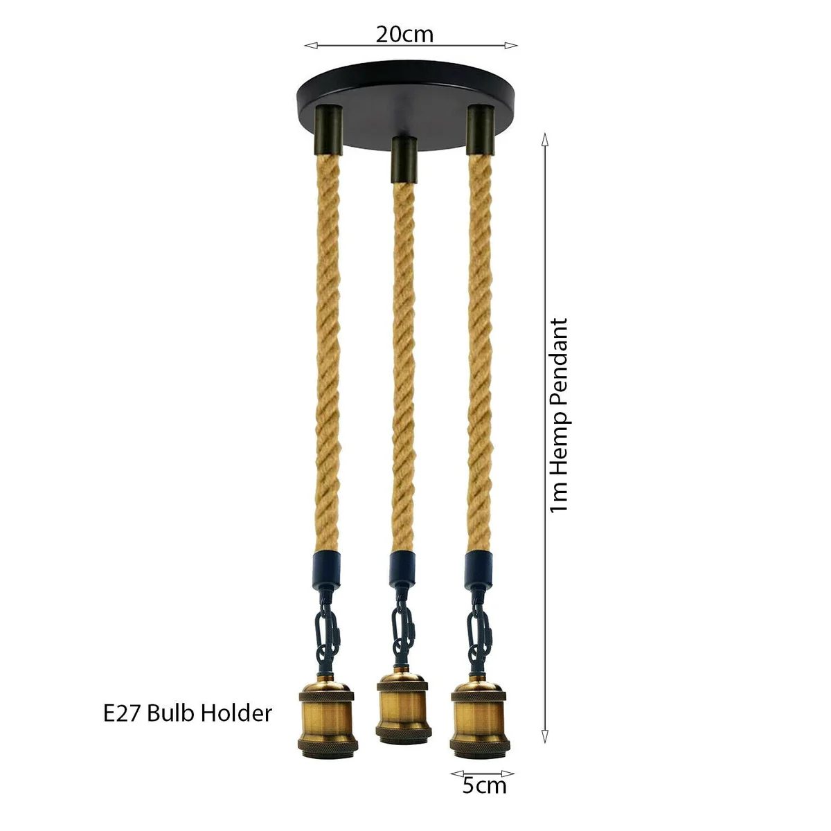 Vintage style 3 head pendant lamp with natural hemp rope cords and metal fittings, suitable for E27 bulbs, hanging display