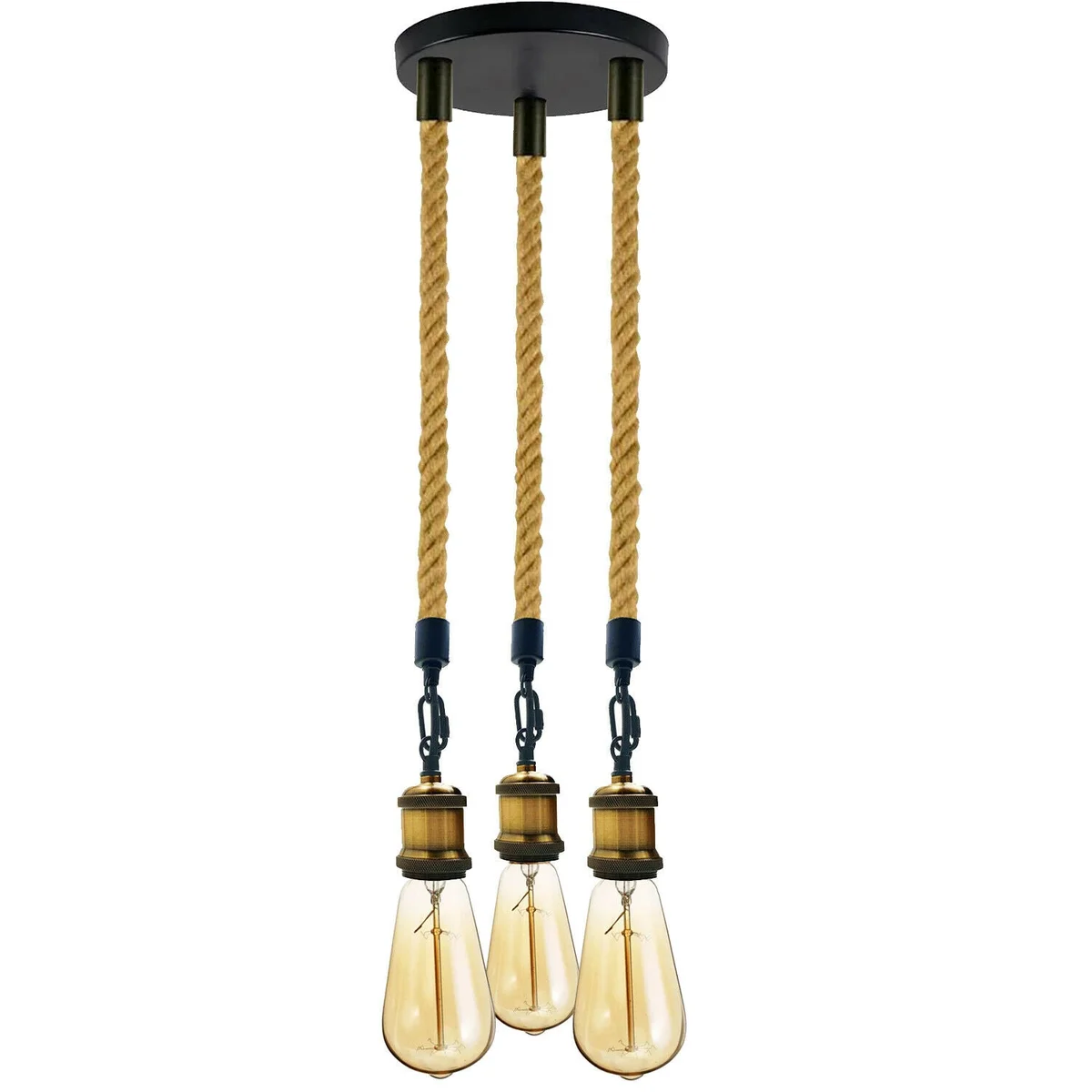 Three-head pendant ceiling light with natural hemp rope and metal accents in country vintage lighting style
