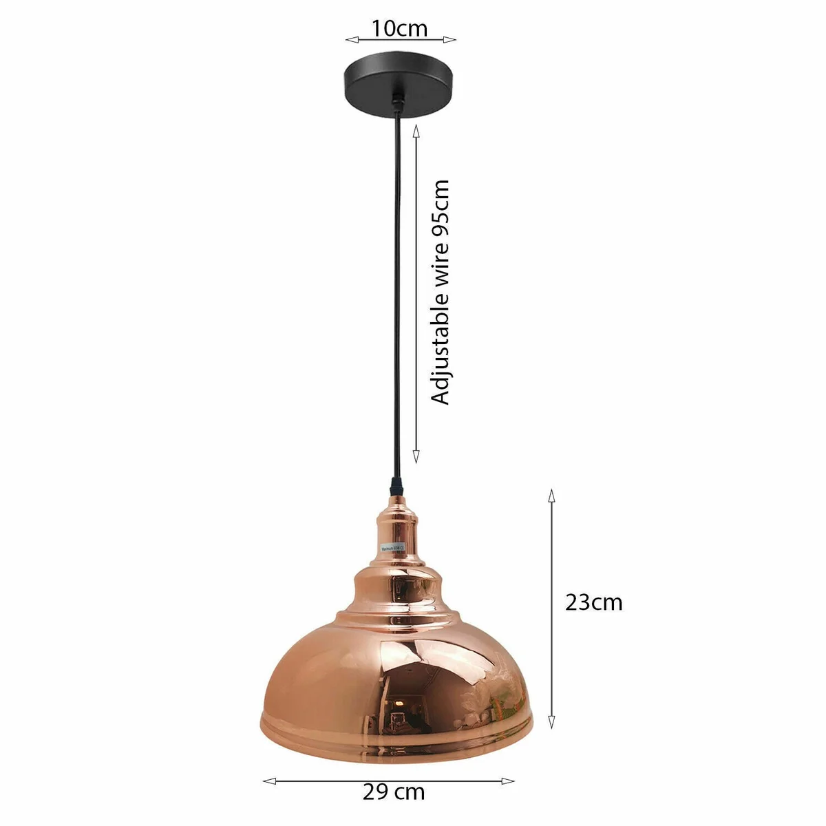 Rose gold metal pendant light with dome shade, angled hood, and E27 base hanging from ceiling cable