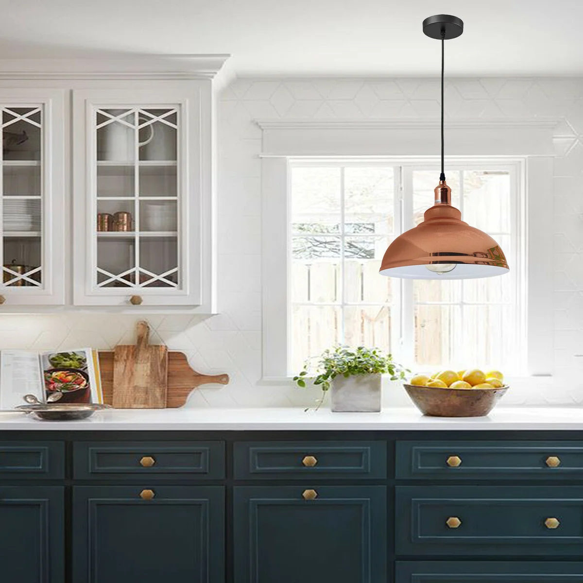 Rose gold metal dome pendant lamp with white interior, adjustable hood, and E27 base pendant light for sloped ceilings