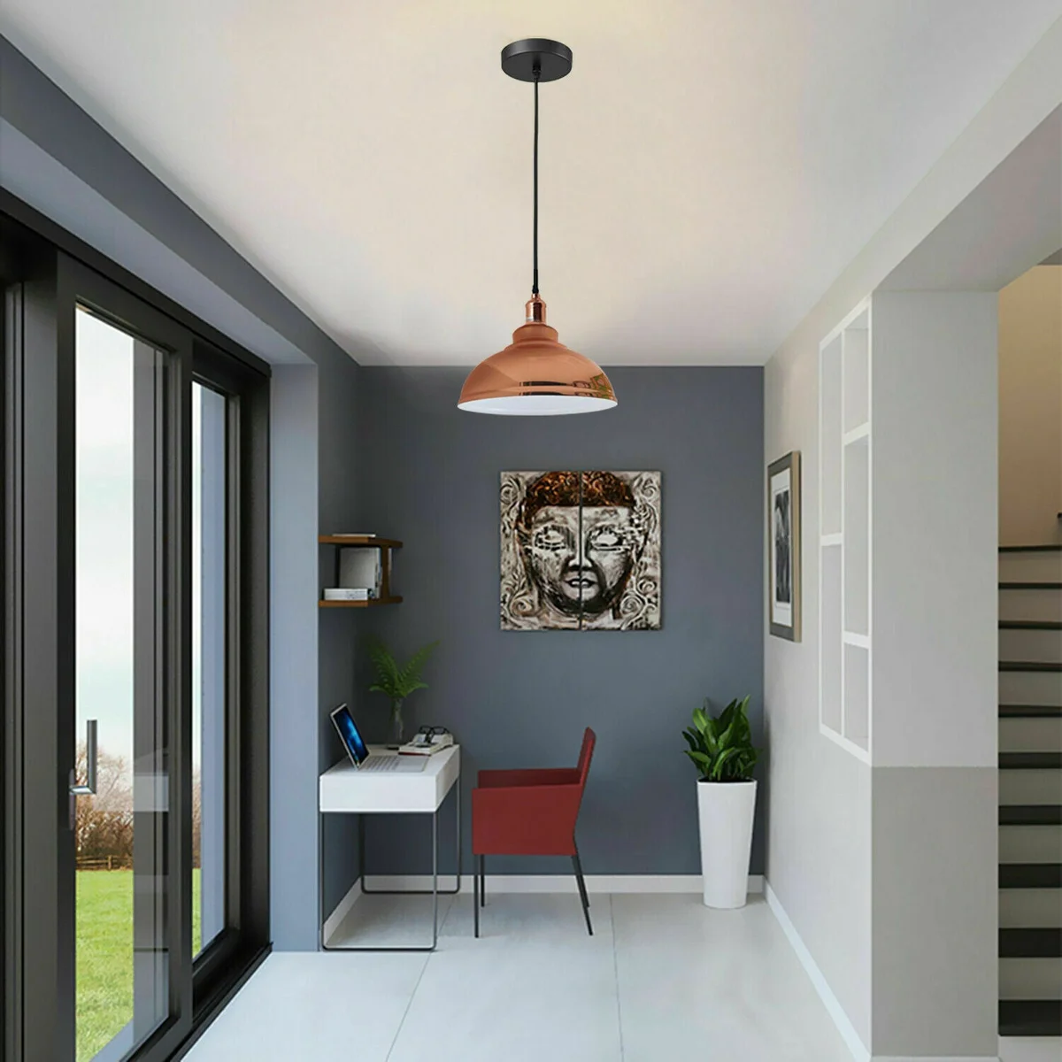 Rose gold metal pendant with dome shade angled on cable, modern ceiling light for kitchen or bar area with E27 base