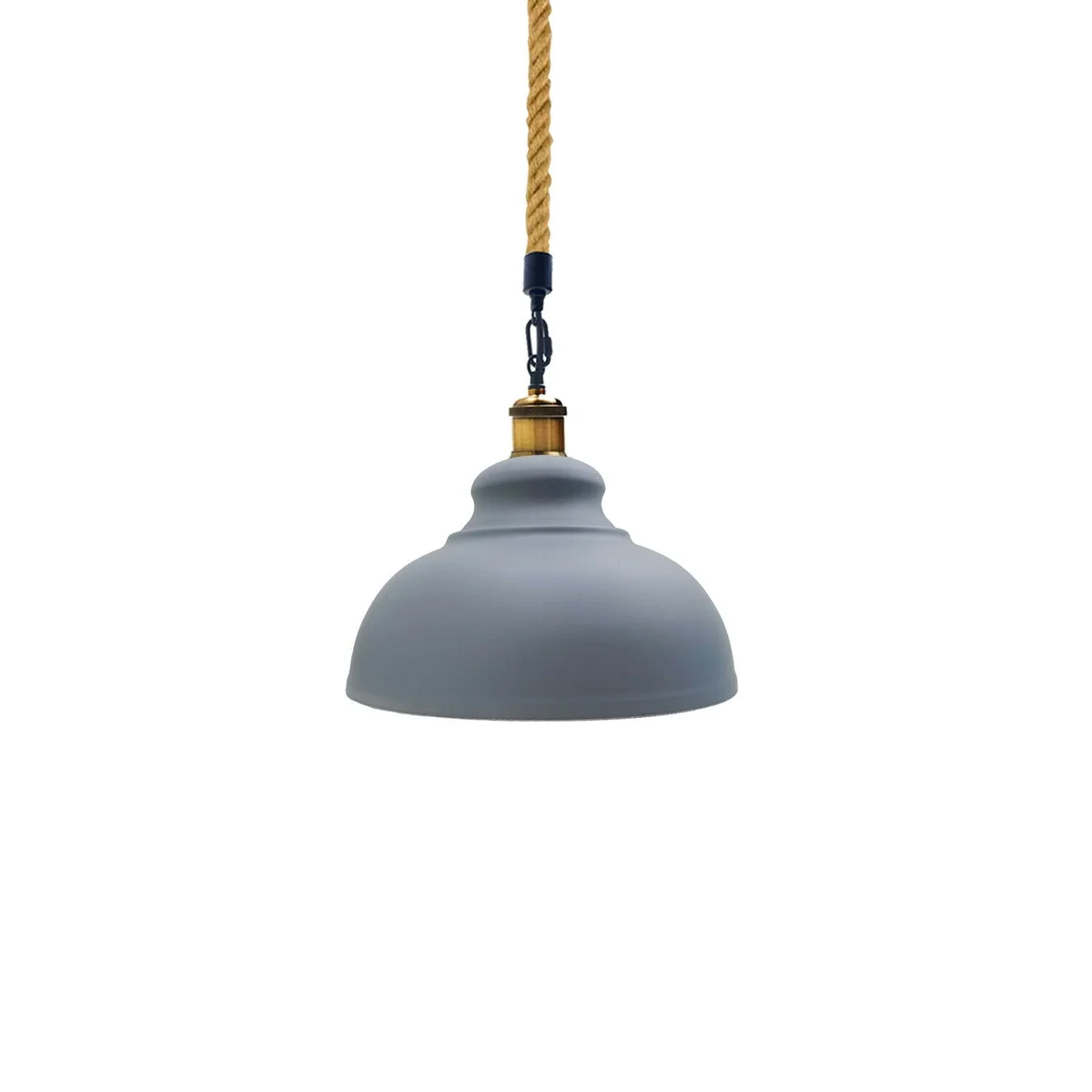 Grey vintage pendant shade with metal construction and hemp rope, hanging retro industrial style light for home decor