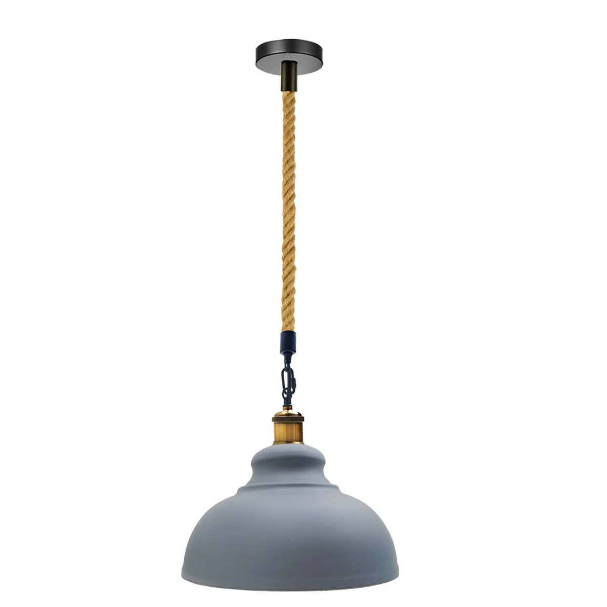 Grey retro metal pendant light with hemp rope hanging, vintage industrial style shade for kitchen or dining room lighting