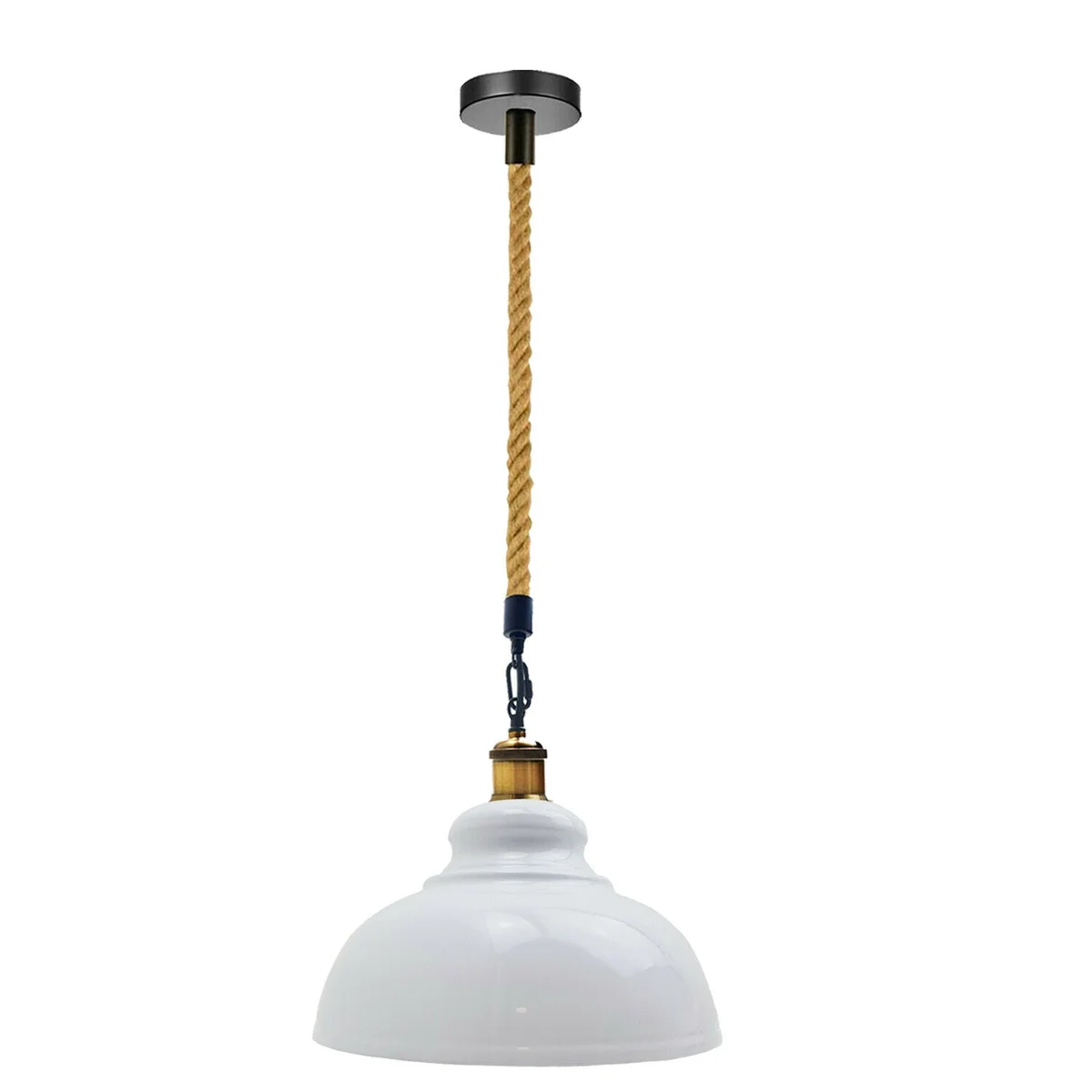 White metal hemp hanging lamp with retro pendant shade and 1m hemp rope for ceiling installation in vintage style