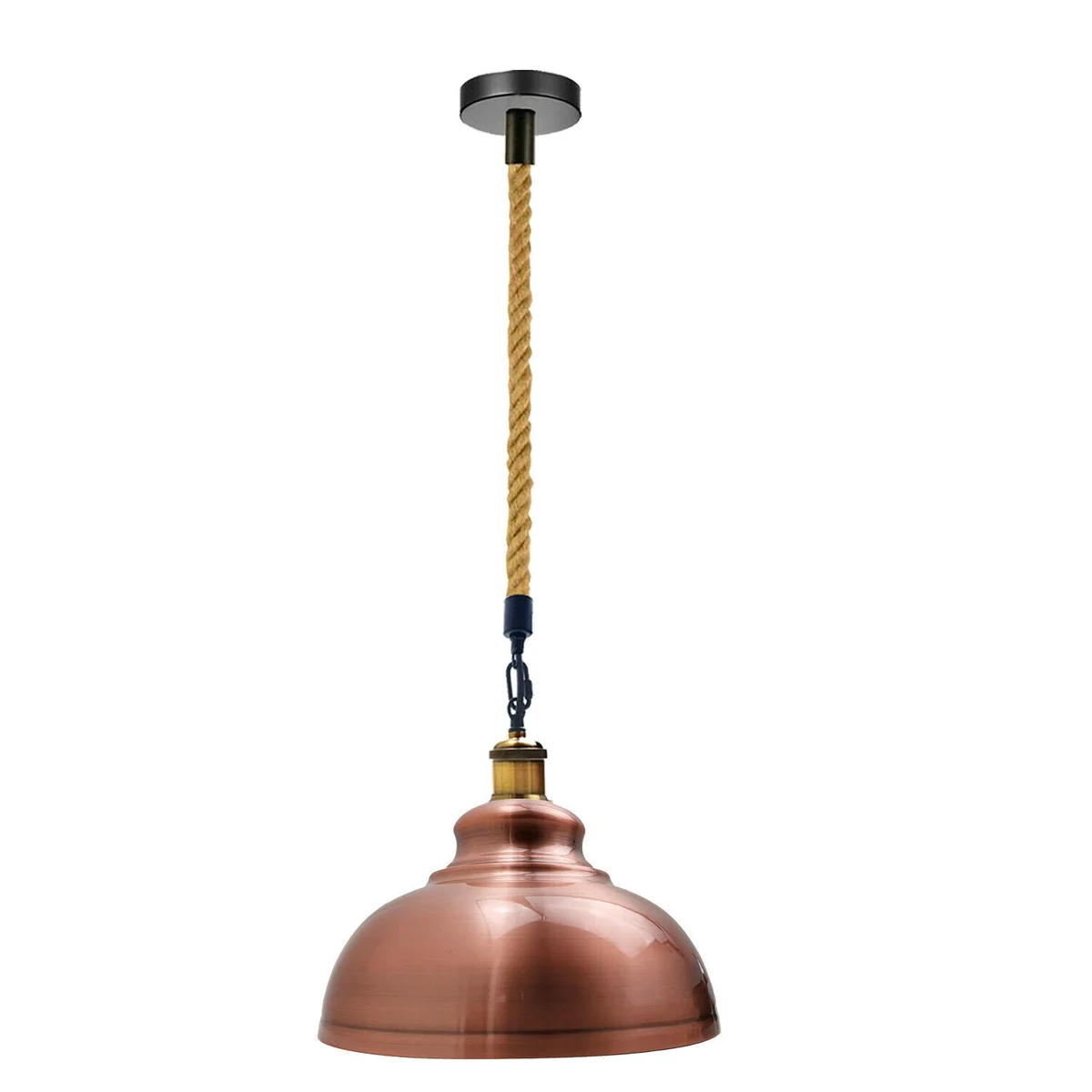 Copper retro ceiling light with metal shade and hemp rope, vintage industrial pendant for kitchen or dining room lighting