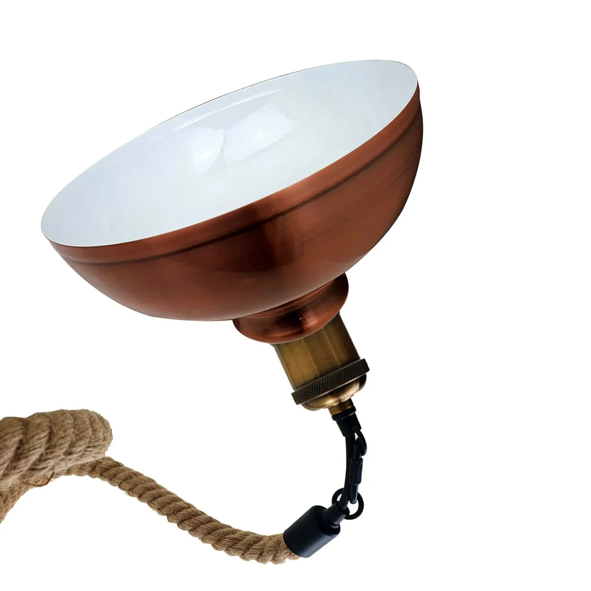 Copper industrial pendant lamp with hemp rope and metal shade in vintage retro style hanging from ceiling
