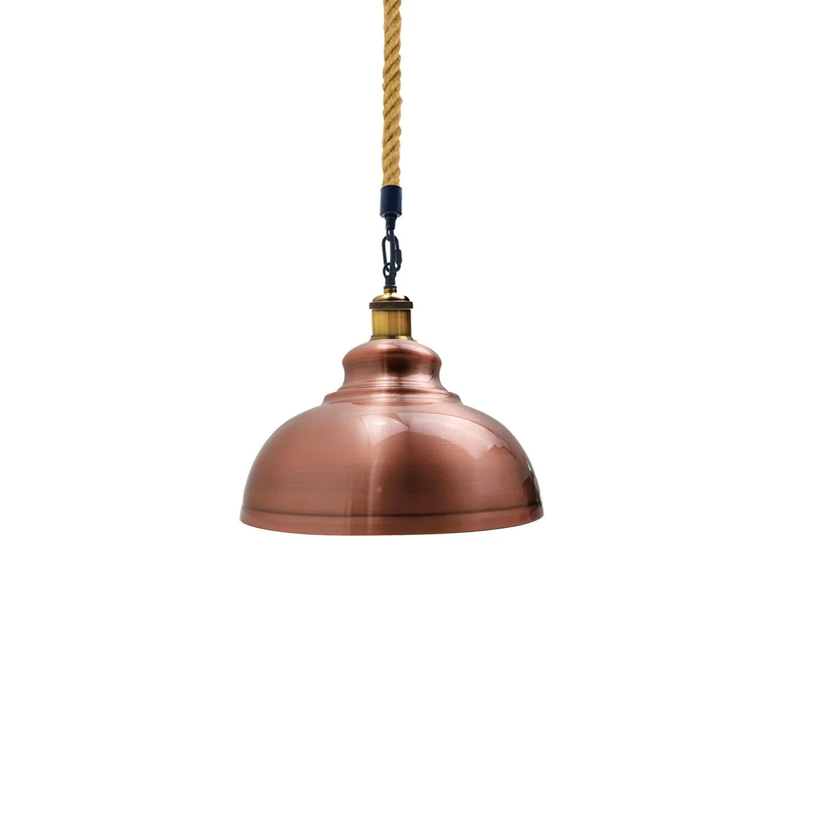 Copper vintage style ceiling light with hemp rope and metal shade, retro industrial design for kitchen or dining room