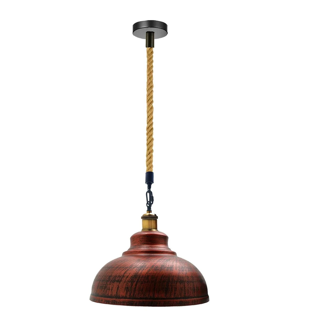 Rustic red vintage metal ceiling light with hemp rope hanging, retro pendant lamp shade, barn style design