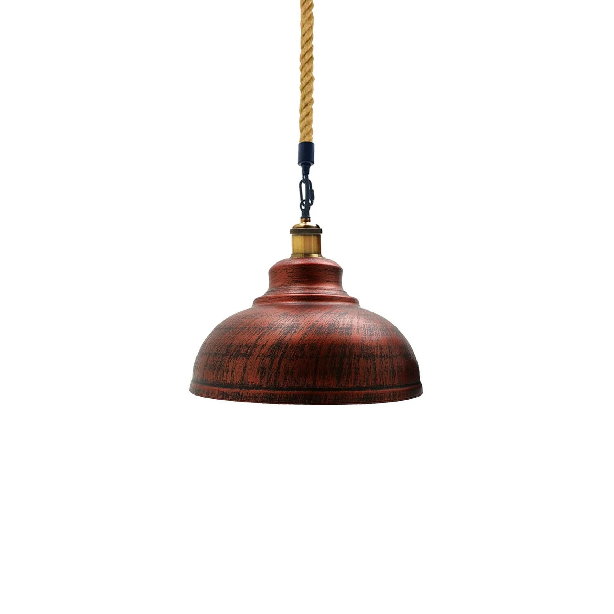 Rustic red vintage metal pendant light with hemp rope ceiling lamp hanging against white background