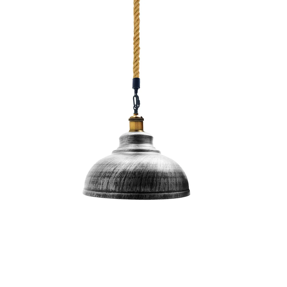 Brushed silver retro style pendant lamp with hemp rope hanging cord, vintage metal shade, ideal for rustic interiors
