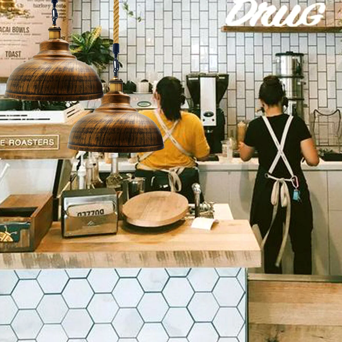 Brushed copper hemp rope pendant light with metal shade hanging from ceiling, vintage retro style, 1m hemp flex length