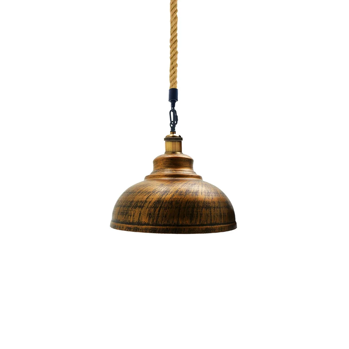 Brushed copper modern retro ceiling light with hemp cord and metal shade hanging against white background