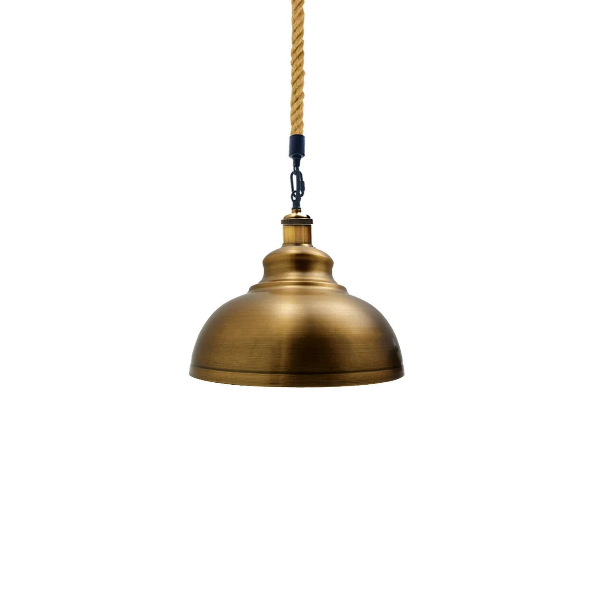 Yellow brass metal pendant shade with hemp rope hanging lamp in modern retro style, suitable for kitchen or dining areas