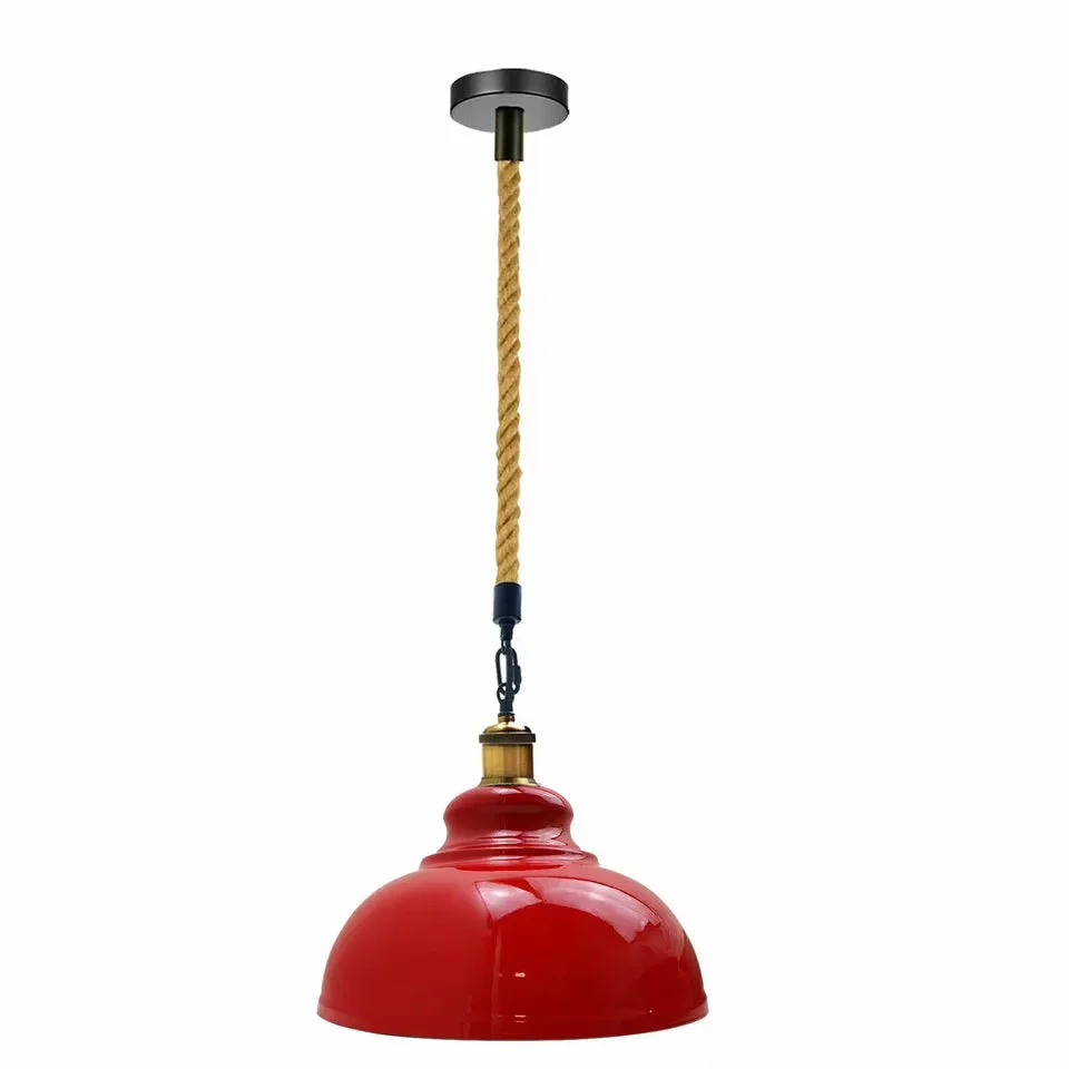 Red metal retro pendant shade with dome design hanging from hemp rope, ideal for kitchen or dining lighting