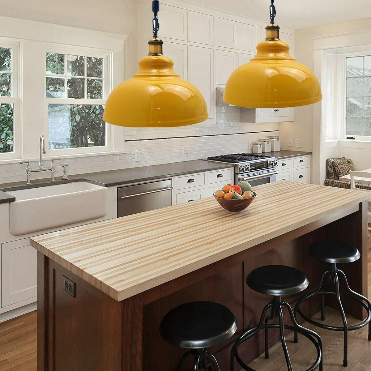 Yellow vintage pendant lamp with metal shade and hemp rope hanging, industrial rustic style ceiling light