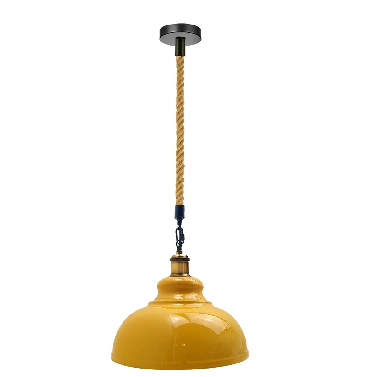 Yellow industrial ceiling light pendant lamp with metal shade and hemp rope hanging fixture in vintage style