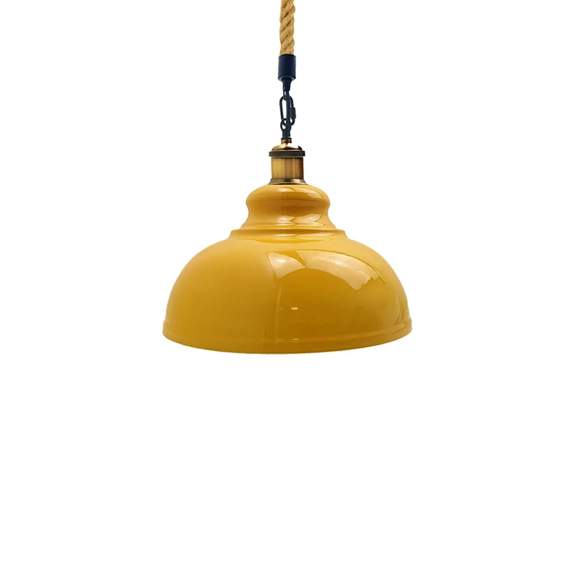 Yellow metal pendant lamp with vintage industrial design, hemp rope hanging, ideal for kitchen or dining room lighting