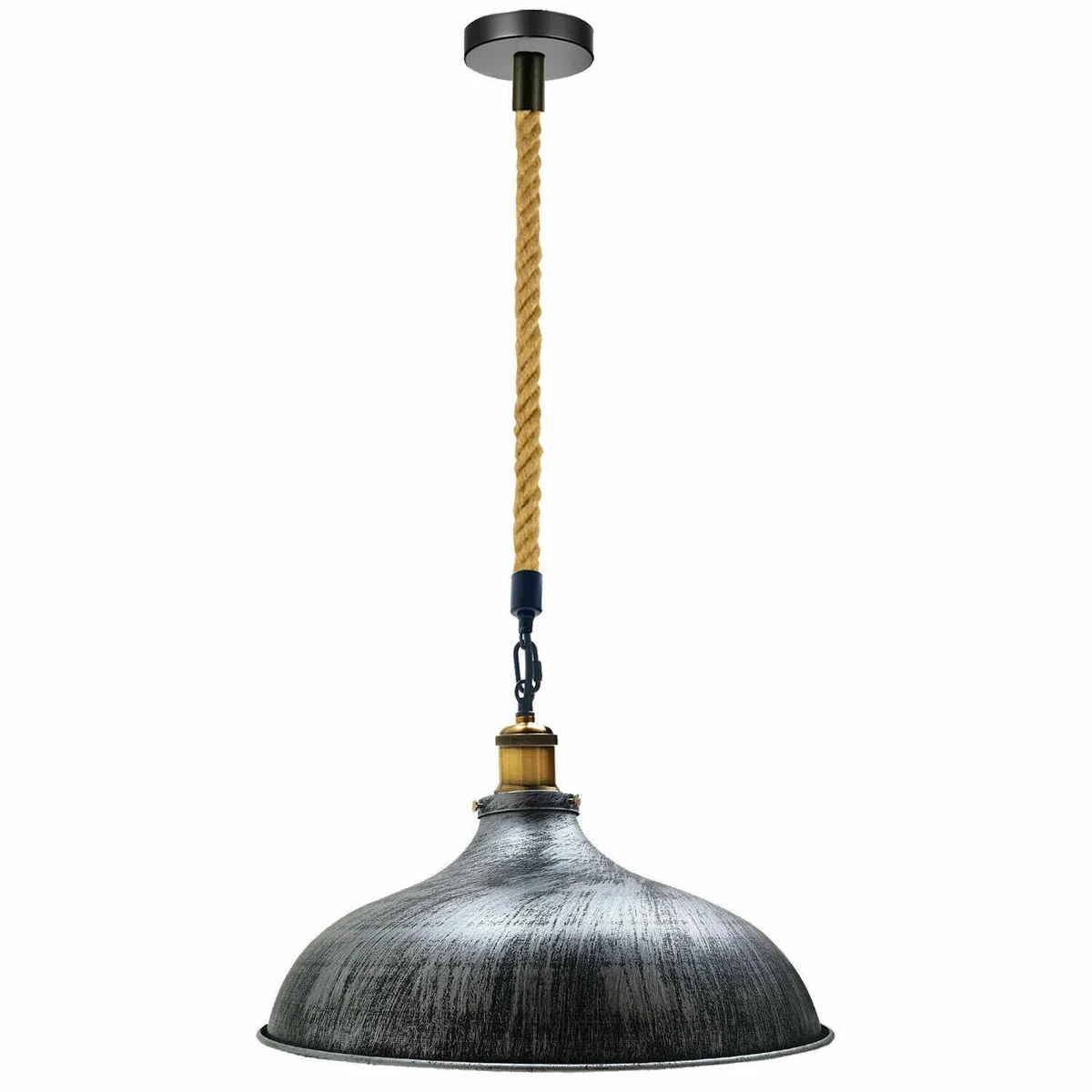 Vintage hanging lamp with brushed silver metal shade and hemp rope, retro industrial style pendant light for ceiling mounting