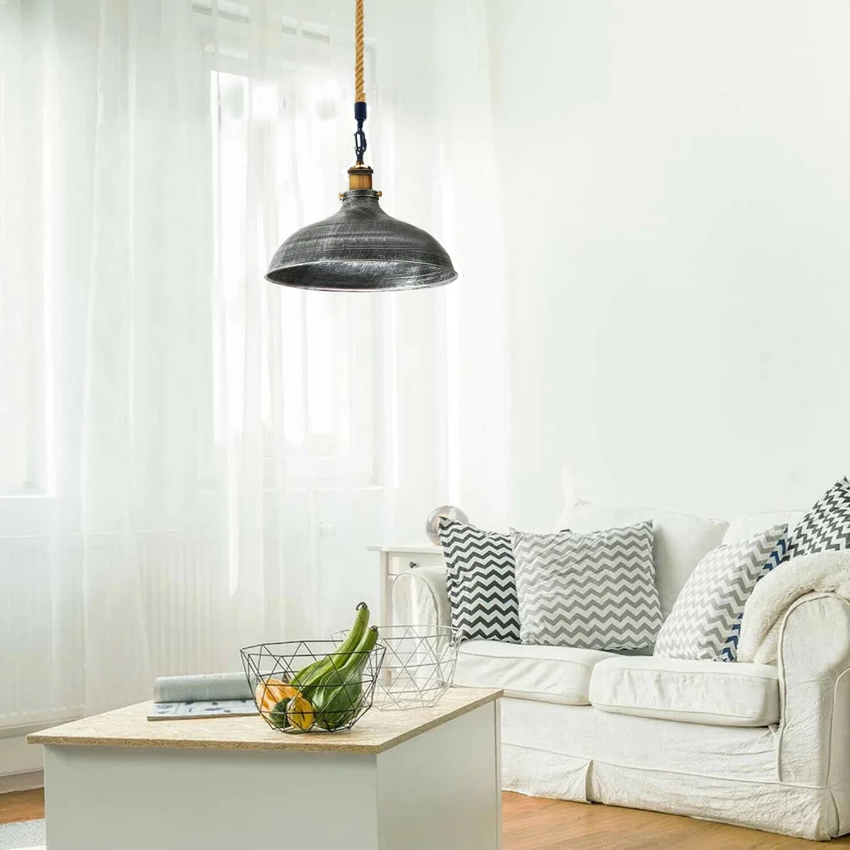 Brushed silver metal industrial ceiling lamp with vintage E27 bulb holder and hemp rope hanging cord