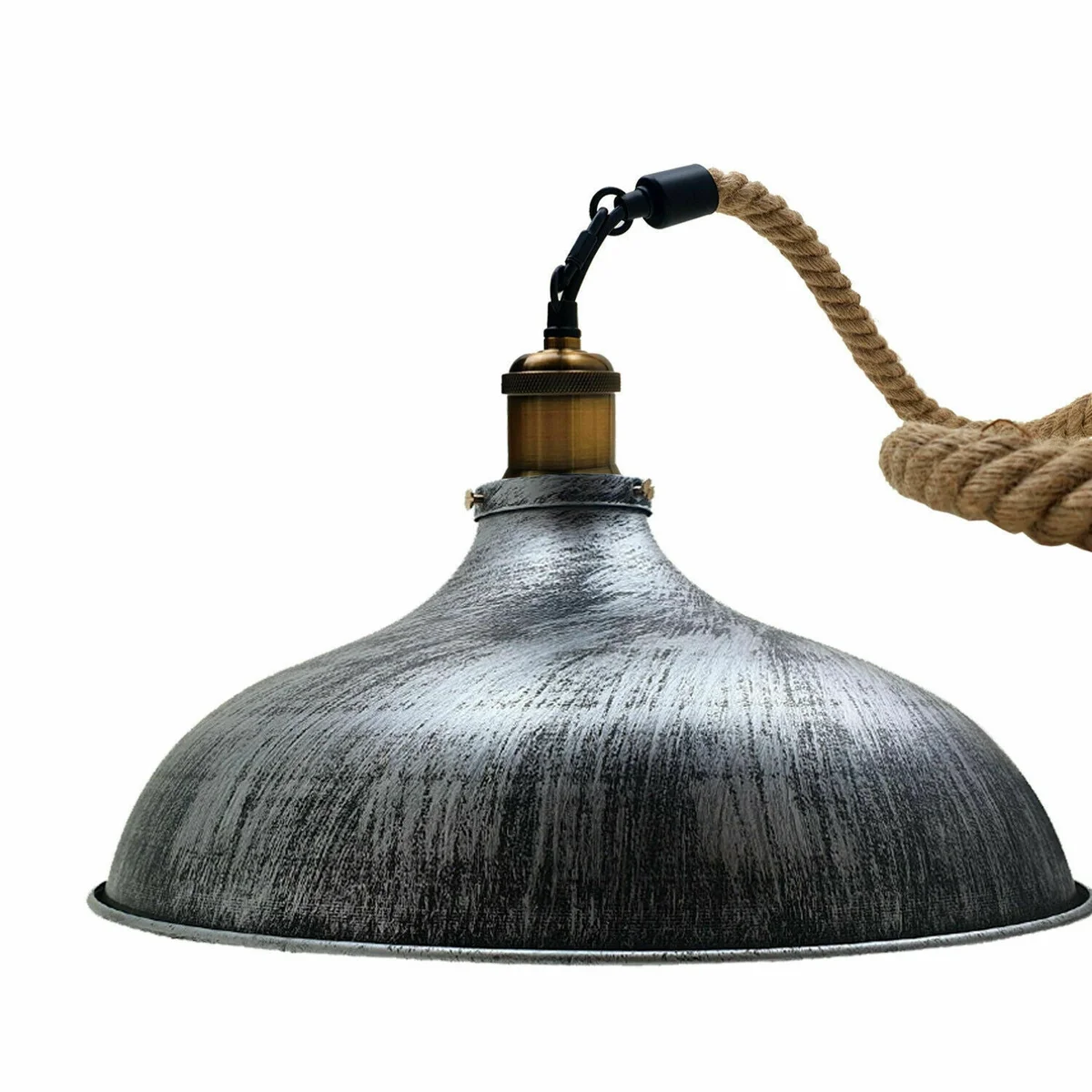 Brushed silver metal E27 bulb pendant lamp with vintage industrial design and hemp rope hanging cord