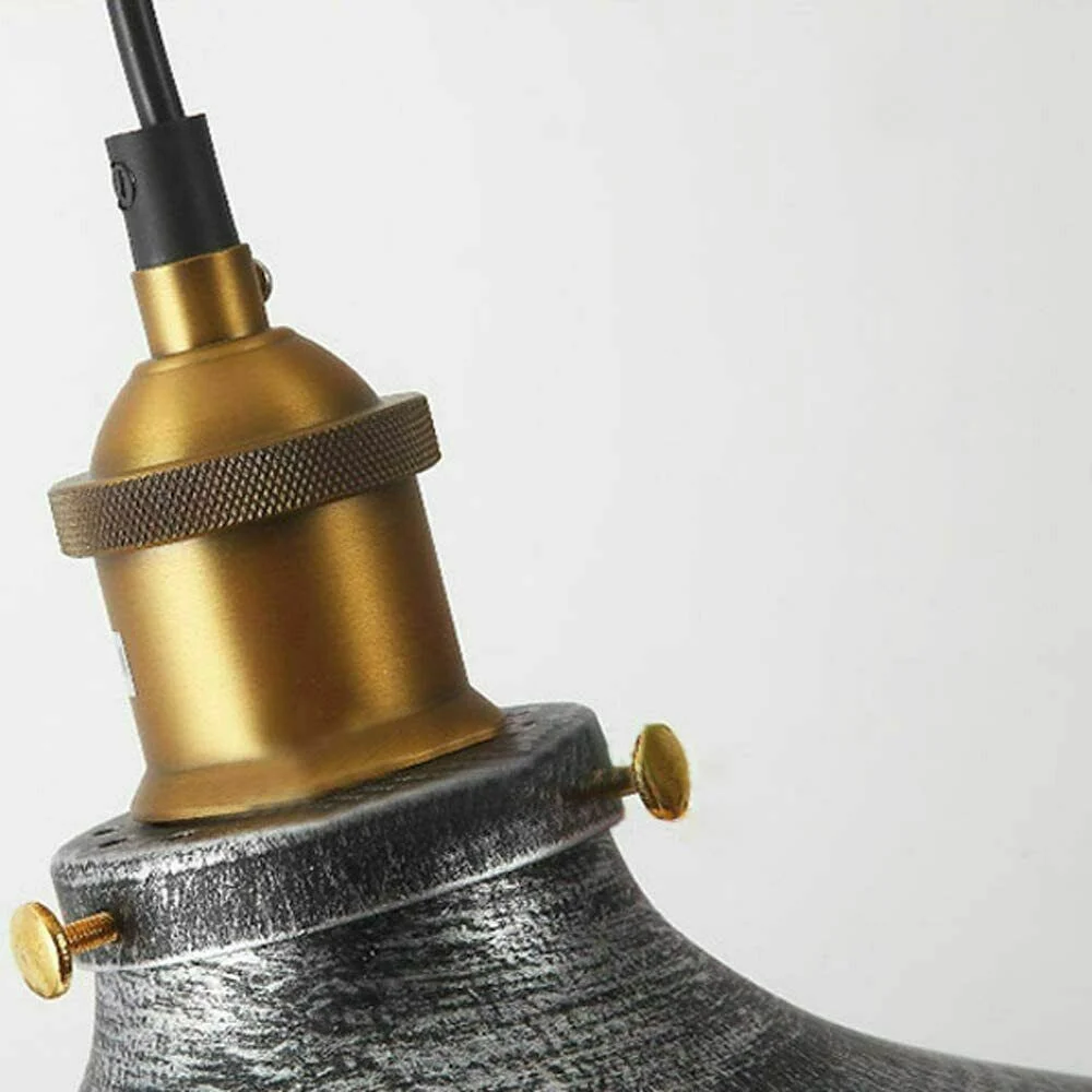 Brushed silver retro pendant lamp with metal shade hanging from hemp rope, vintage industrial style ceiling light