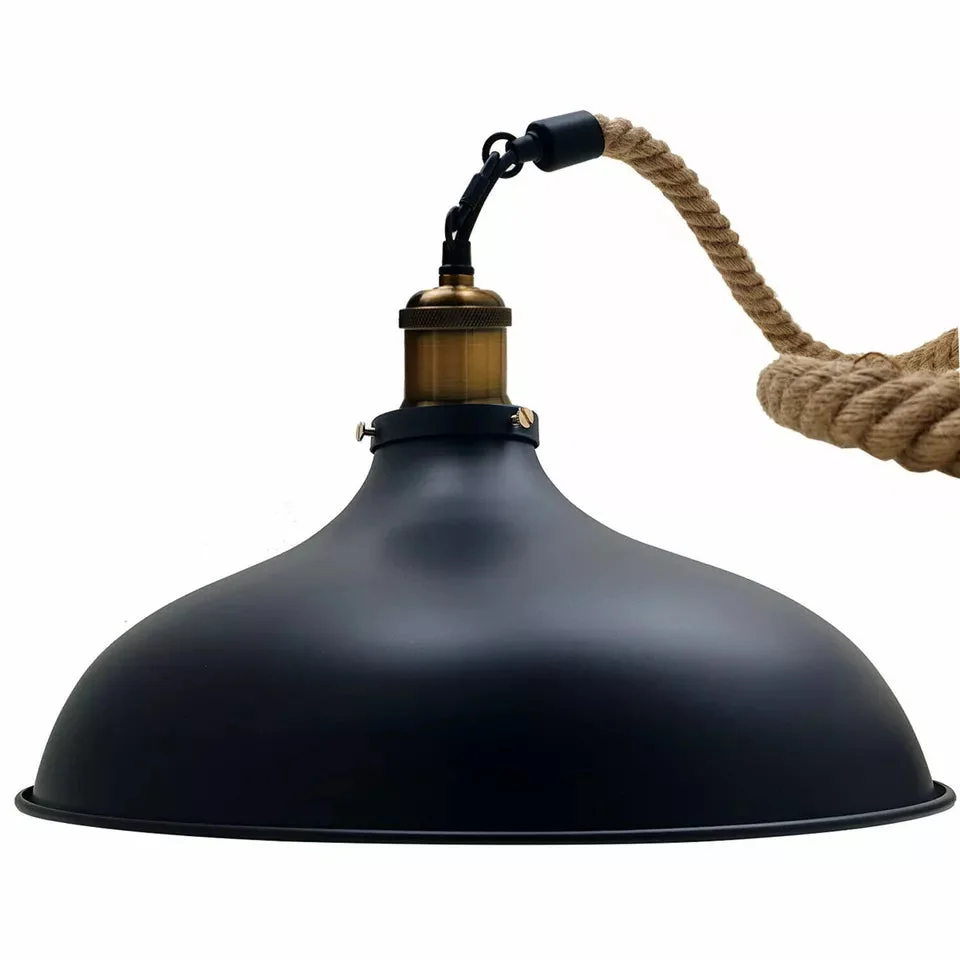 Black metal retro ceiling pendant lamp with vintage industrial design and hemp rope cord hanging from ceiling rose