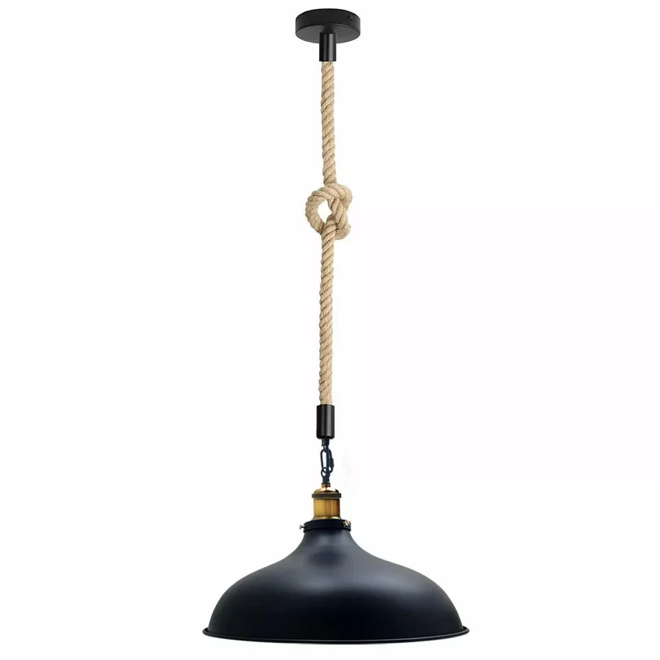 Black painted pendant light with vintage industrial metal shade hanging from 1m hemp rope, rustic retro style ceiling lamp