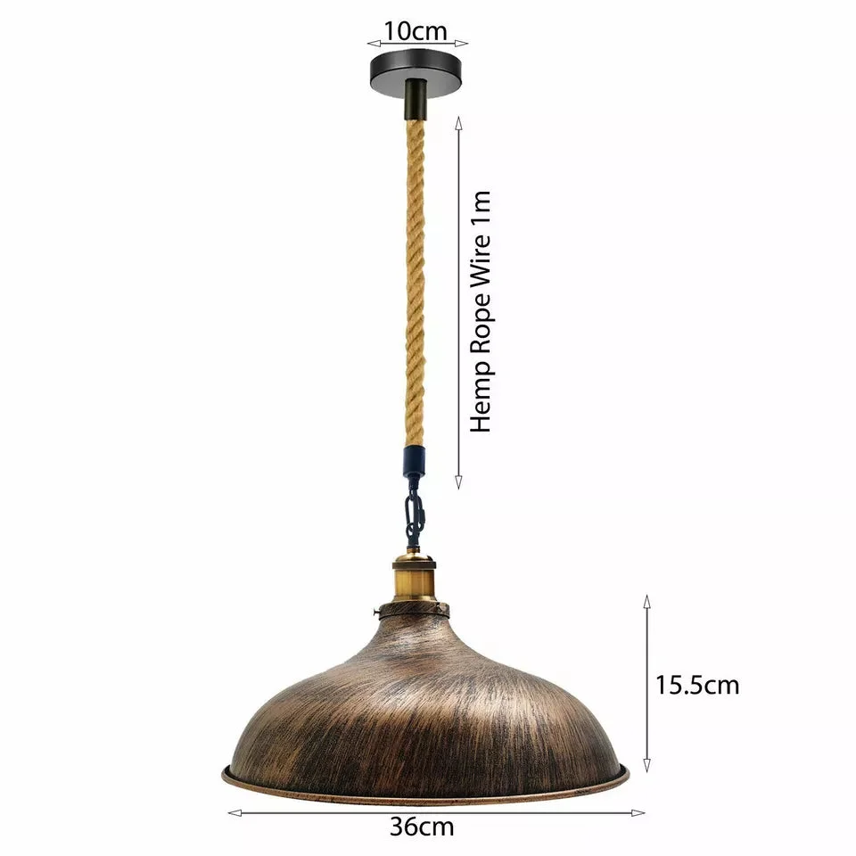 Vintage industrial black metal pendant lamp with hemp cord and E27 bulb pendant lighting, rustic retro ceiling light shade