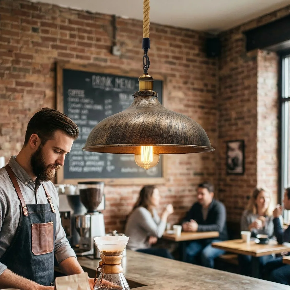 Industrial pendant light with brushed copper metal dome and adjustable 1m hemp rope hanging cable, retro style lamp holder