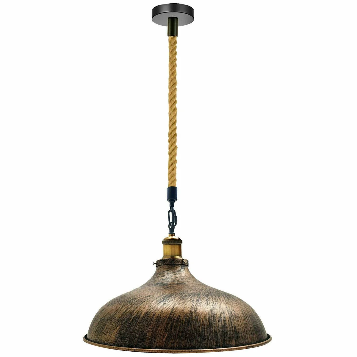 Brushed copper metal dome pendant light with adjustable hemp rope and retro lamp holder hanging against white background