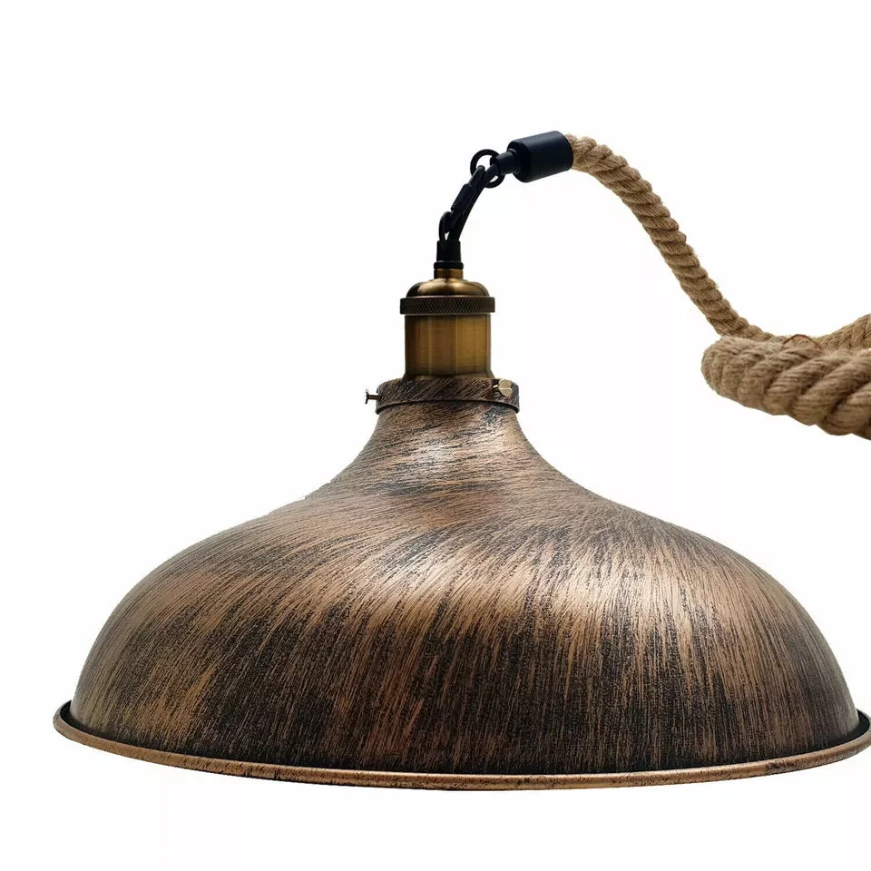 Adjustable pendant lamp with brushed copper metal dome and 1m hemp rope, vintage style for kitchen or dining areas