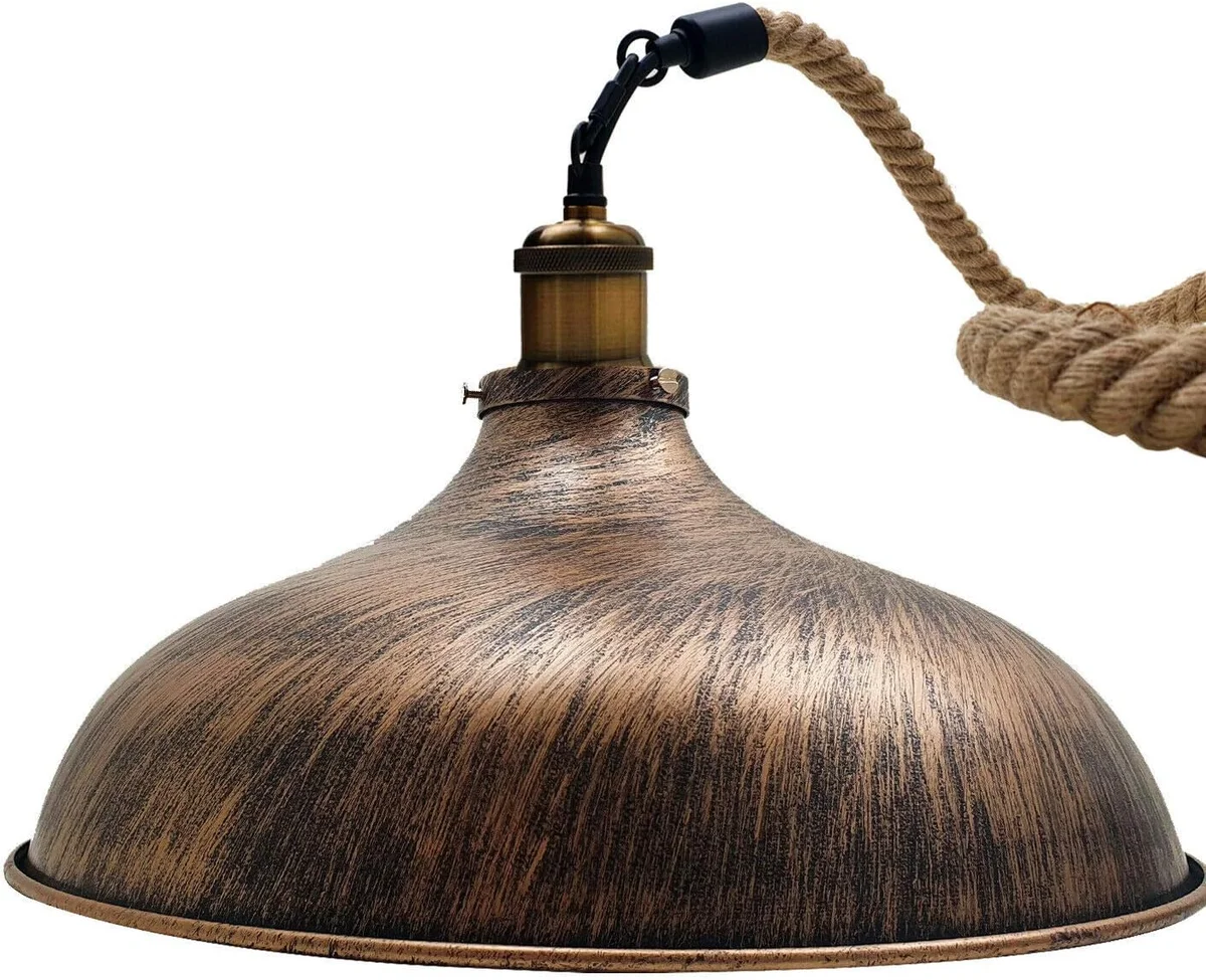 Vintage dining light with brushed copper metal dome shade and adjustable 1m hemp rope hanging cord against white background