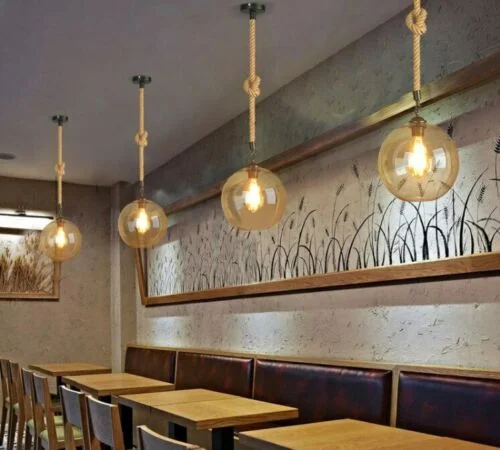 Eco-friendly hemp rope pendant light with 20cm clear glass globe shade hanging from adjustable hemp rope cable