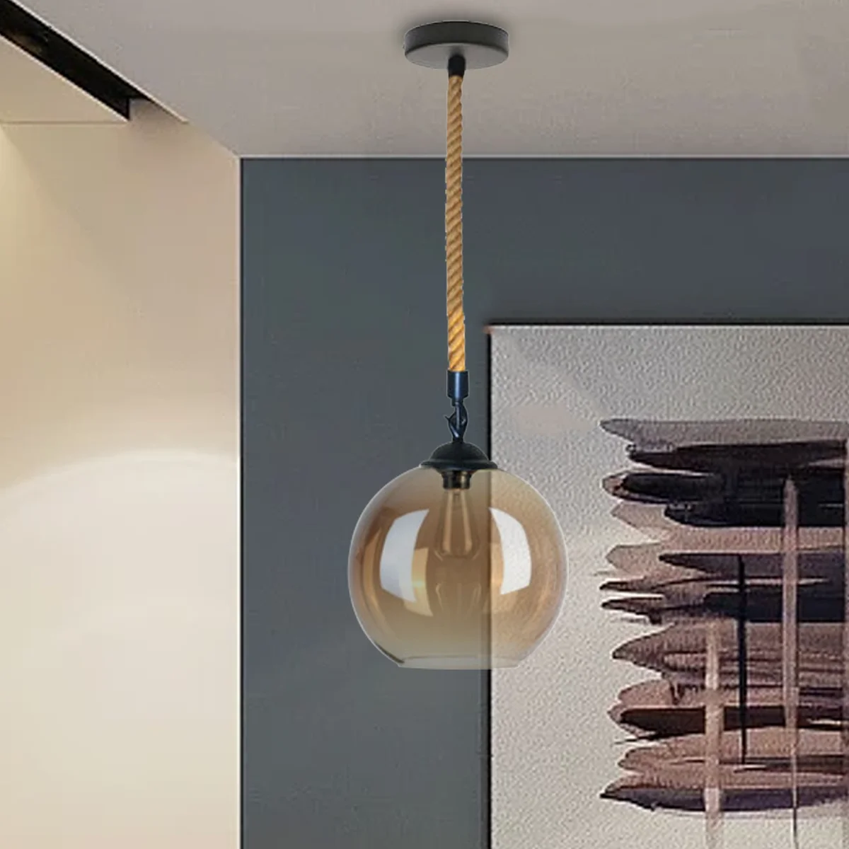 Eco-friendly glass globe pendant light with 20cm glass shade and hemp rope cable hanging against white background
