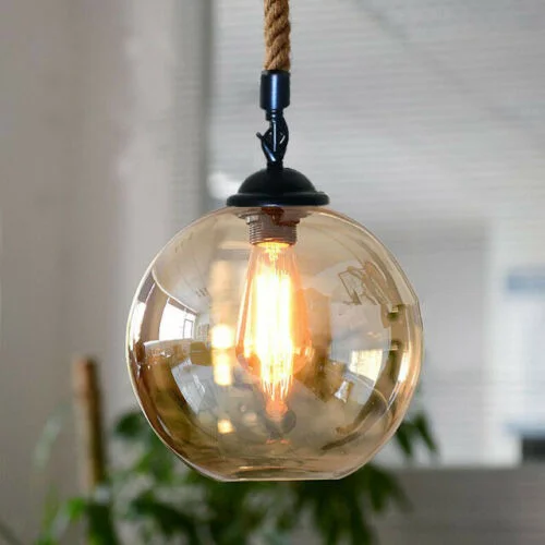 Eco-friendly ceiling light with 20cm glass globe shade and hemp rope cord, rustic and modern pendant design