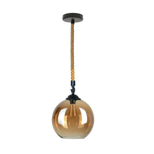 Vintage style pendant light with 20cm glass globe shade and hemp rope cord hanging against white background