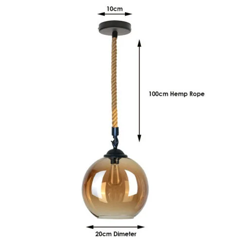 Adjustable hemp rope light with 20cm glass globe shade hanging against a white background, showing cord and ceiling rose details