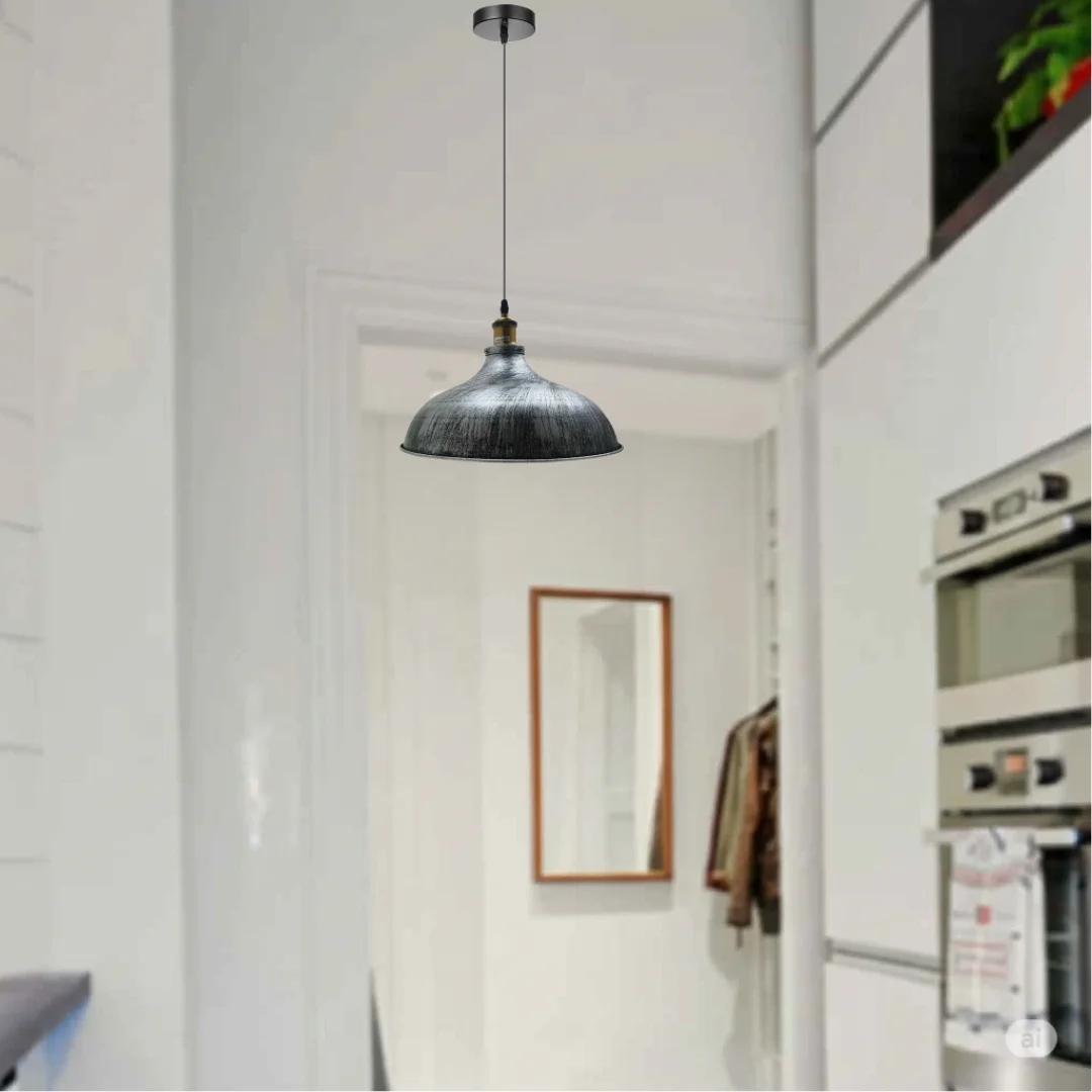 Vintage pendant light with large 36cm brushed silver metal dome and adjustable 95cm cable for industrial style lighting