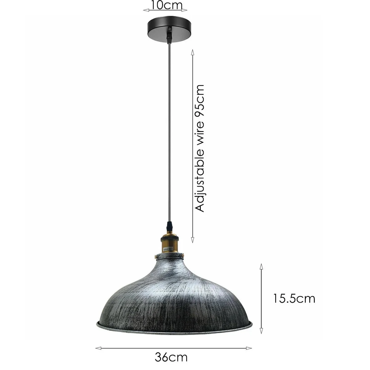 Vintage big barn style industrial pendant light with large brushed silver metal dome and adjustable cable hanging from ceiling