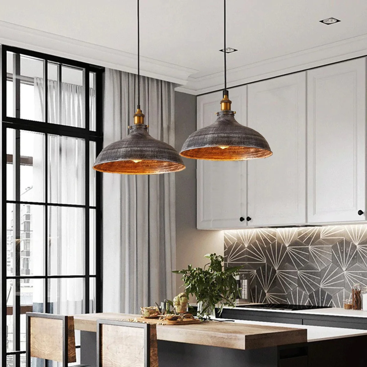 Brushed silver pendant light with large 36cm dome, adjustable cable, and industrial vintage barn design against white background