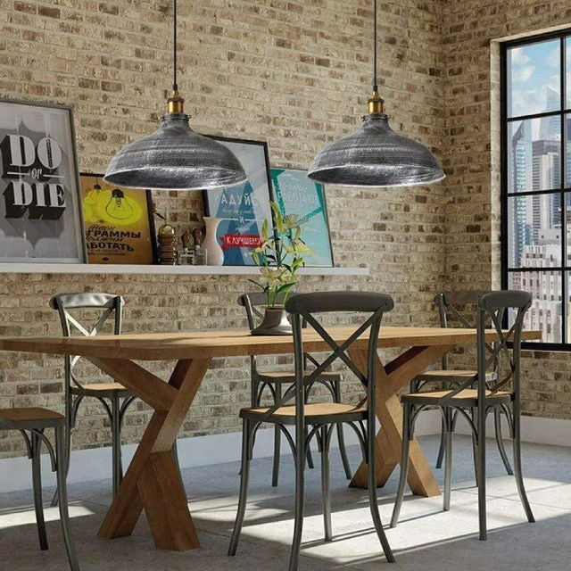 Vintage big barn pendant light with wide 360mm brushed silver metal shade and adjustable 95cm cable hanging from ceiling