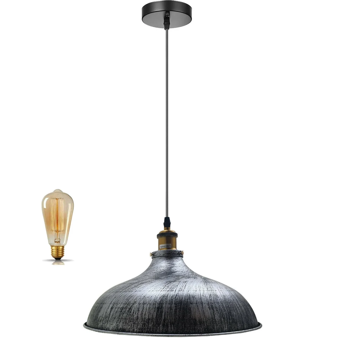 Vintage Big Barn style metal pendant lamp in brushed silver with 36cm wide dome and adjustable 95cm cable hanging from ceiling