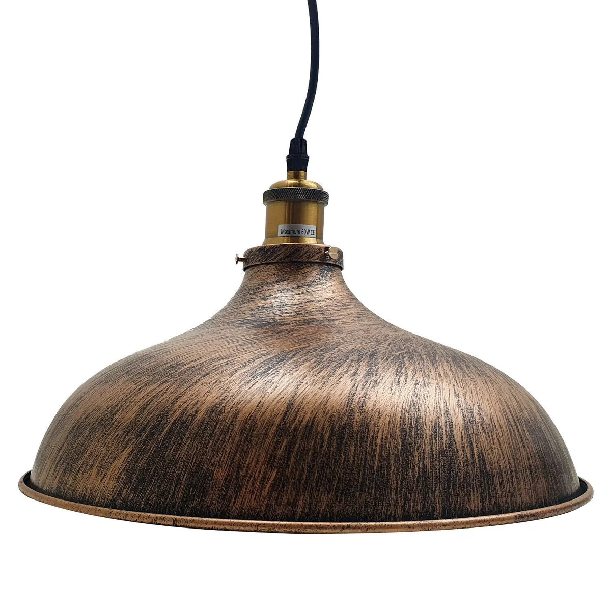 Vintage brushed copper pendant light with wide dome shade and adjustable cable pendant hanging from ceiling rose