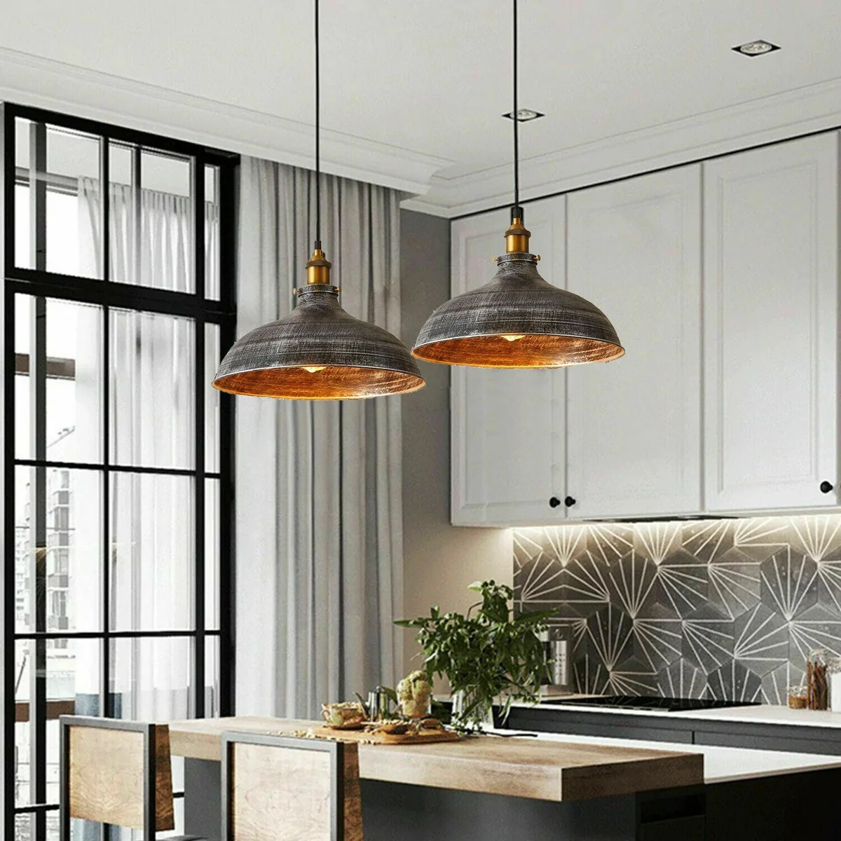 Vintage brushed copper metal dome pendant light with adjustable cable and ceiling rose, no bulb included