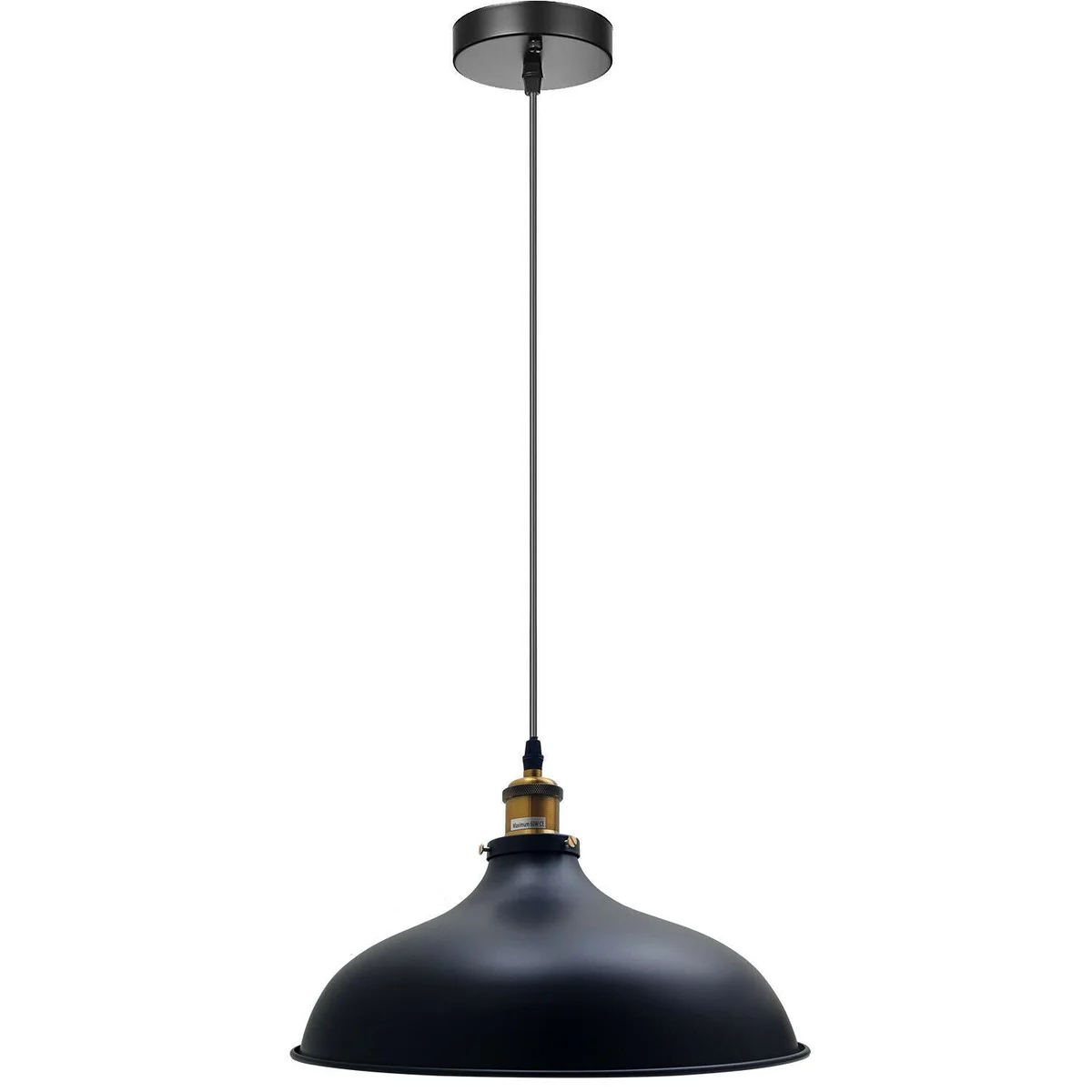 Black vintage pendant light with metal shade and adjustable cord, classic retro design for kitchen or bar lighting