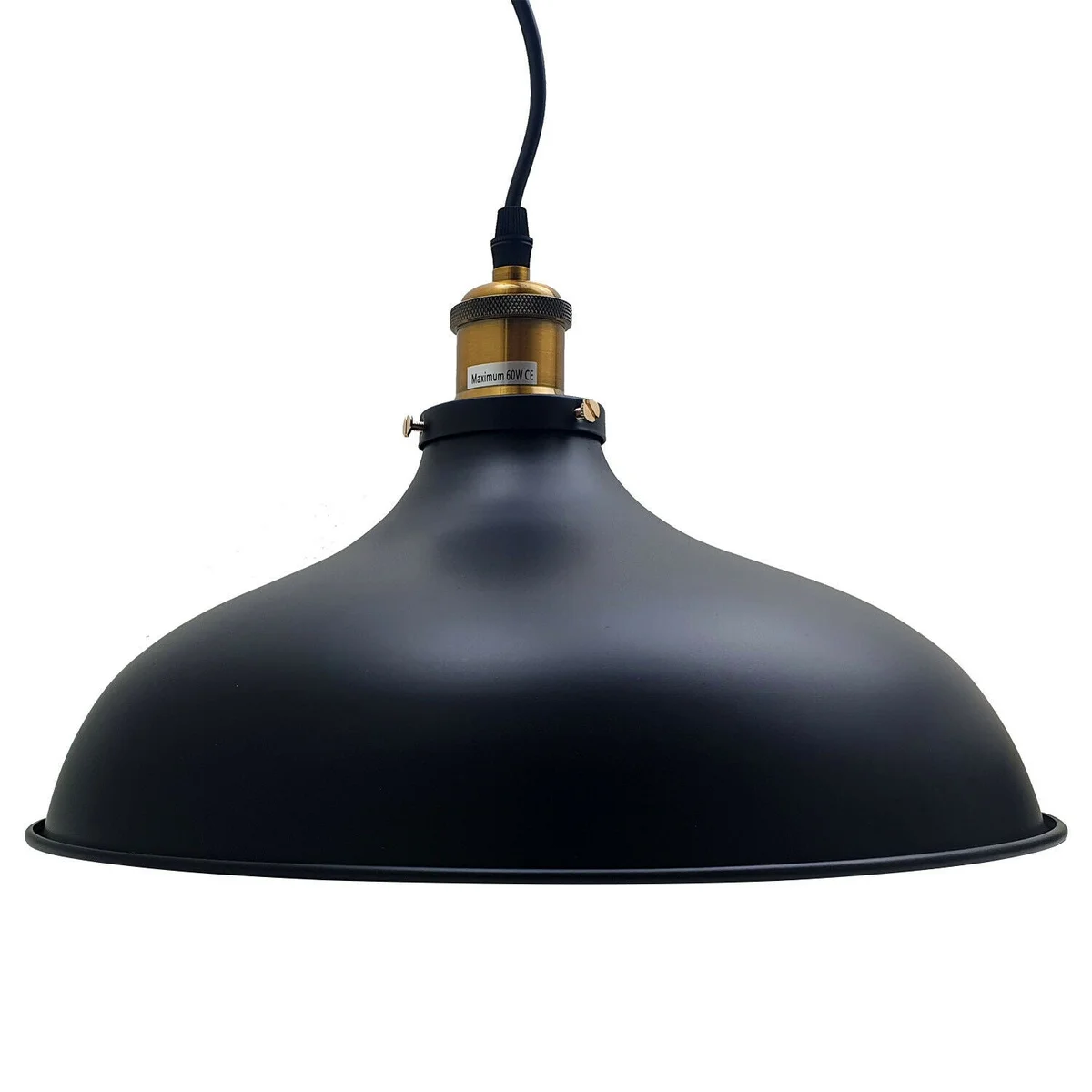 Black vintage industrial pendant lamp with metal shade and adjustable cord, ideal for kitchen or bar lighting