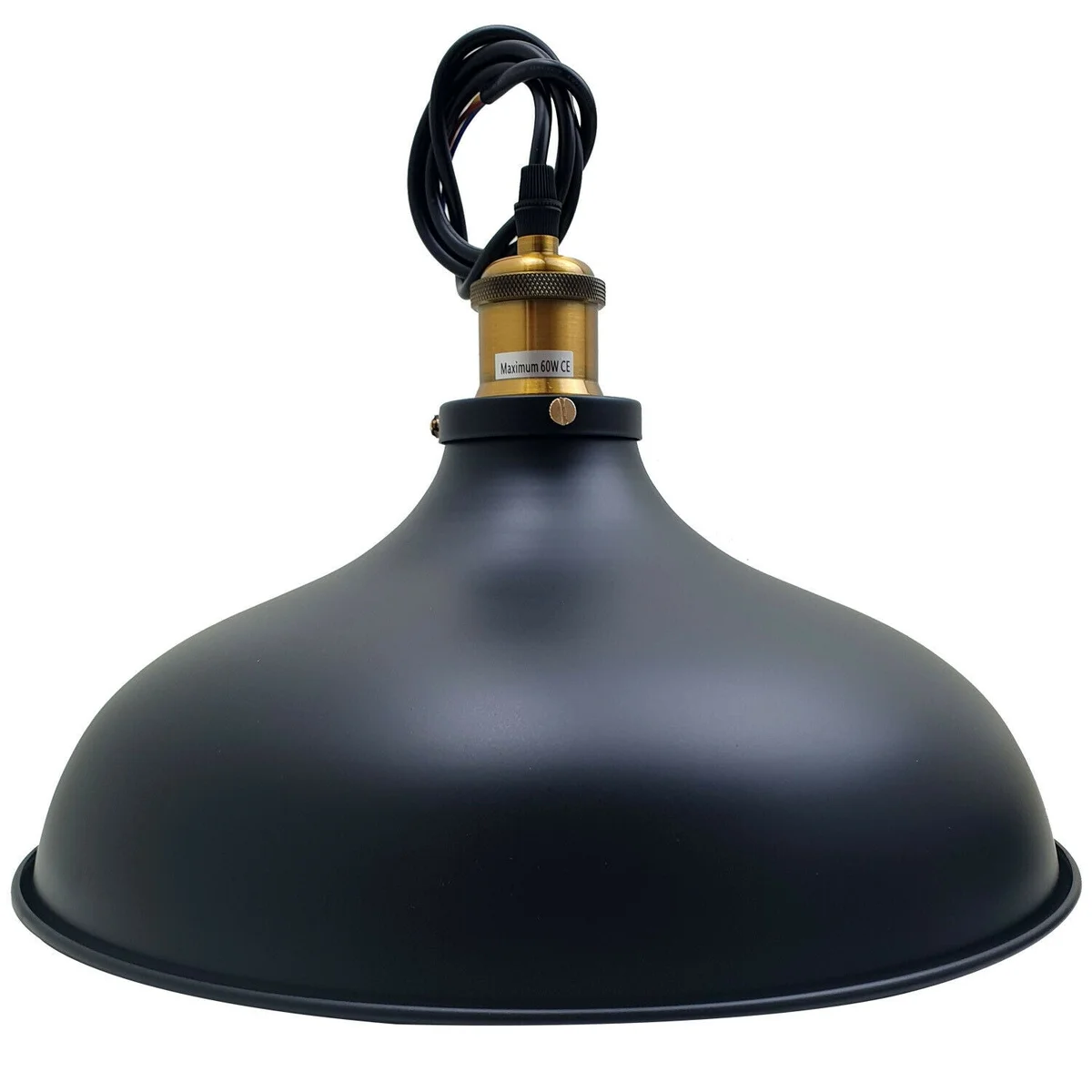 Black vintage metal hanging light with retro lampshade, adjustable cord, and ceiling rose fitting for kitchen or cafe lighting
